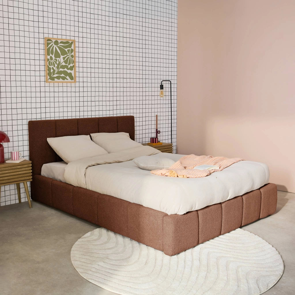 Letto contenitore con rete a doghe e testiera 160x200cm, bouclé ,