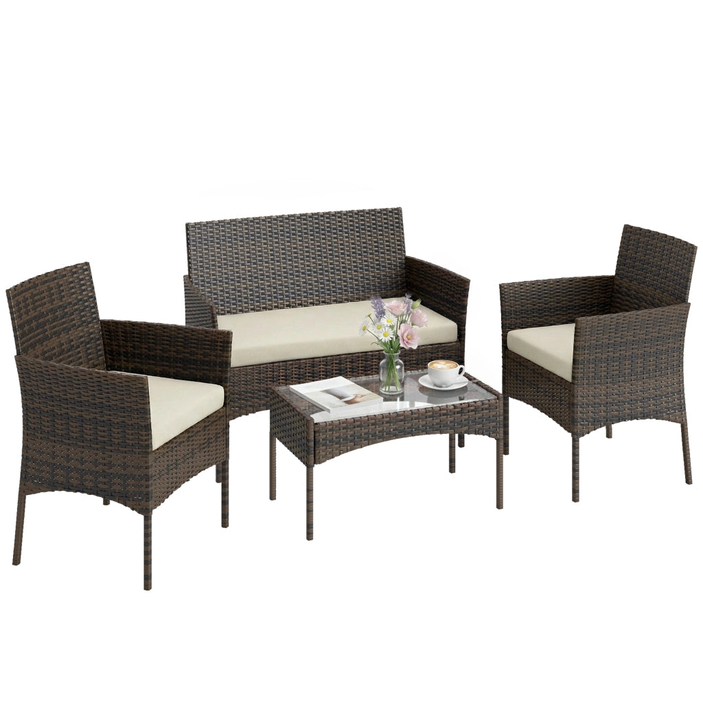 Set da Giardino 4 Pezzi con Divano 2 Posti, Sedie e Tavolino ¨C zephmum ¨C Rattan e Acciaio, Beige e Marrone