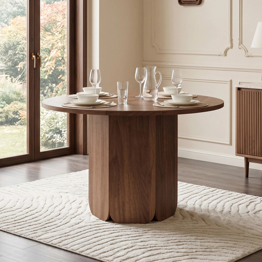 Tavolo da pranzo rotondo 120 cm in MDF colore noce; stile scandinavo; per 4-6 persone