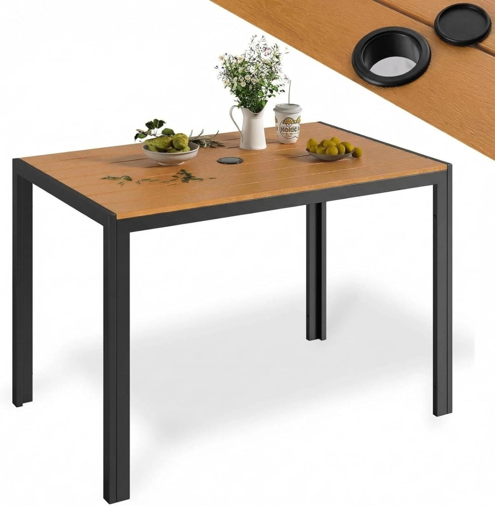 Tavolo da Giardino 110x70 cm con Foro per Ombrellone 4cm, Tavolo da Terrazzo in WPC per 4-6 Persone, Tavolo da Balcone Resistente alle Intemperie con Telaio in Alluminio, Nero