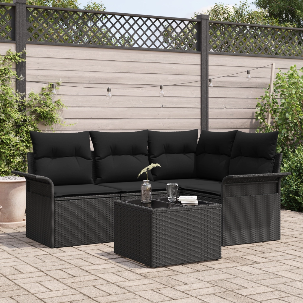 Set Divano da Giardino 5 Pezzi con Cuscini Beige in Polyrattan
