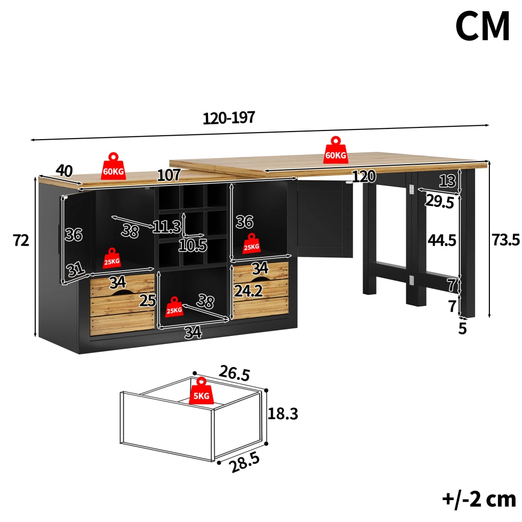 Tavolo allungabile con credenza, piano girevole 360°, 1 cassetto, per cucina e soggiorno, nero, 120 × 40 × 72 cm