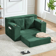 Divano pouf in velluto a coste con 2 cuscini e tasche laterali; 151x133x64 cm; smeraldo