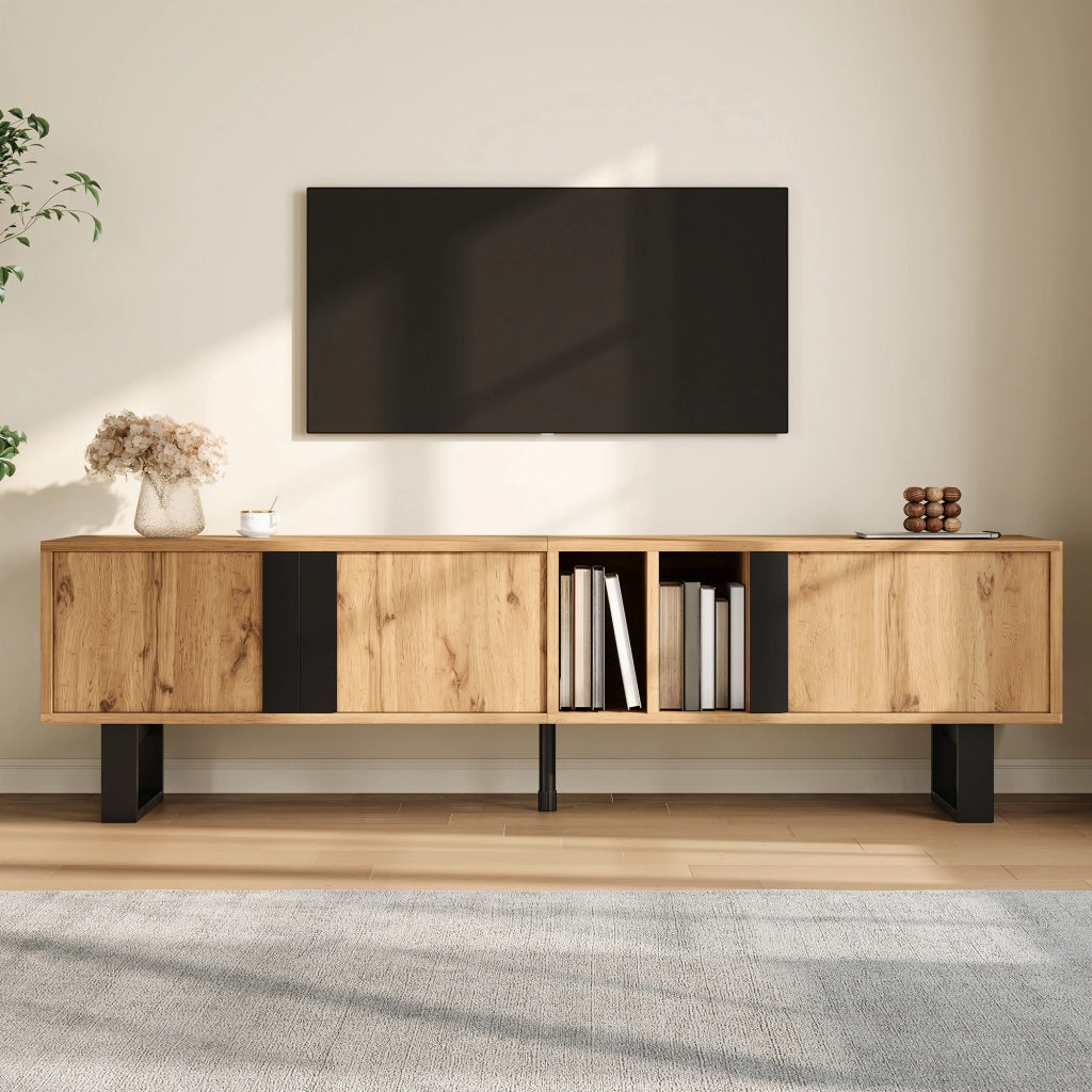 Mobile TV con 3 ante e 2 vani aperti; passacavi - per soggiorno - 160×40×50 cm - naturale