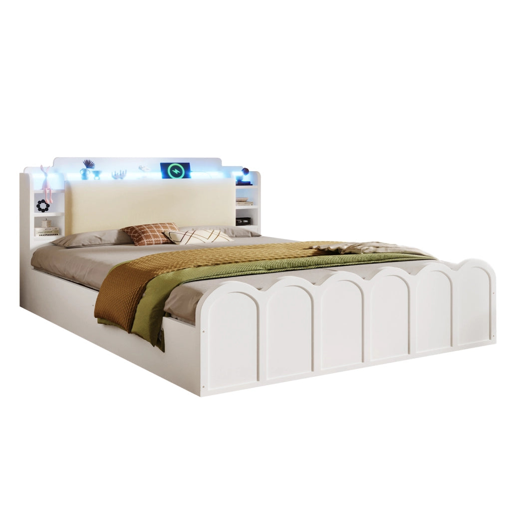 OKWISH Letto Contenitore 140×200 cm, Letto Matrimoniale con Box Idraulico, USB, Type C, LED Regolabile e Ripiani, senza Materasso, Bianco