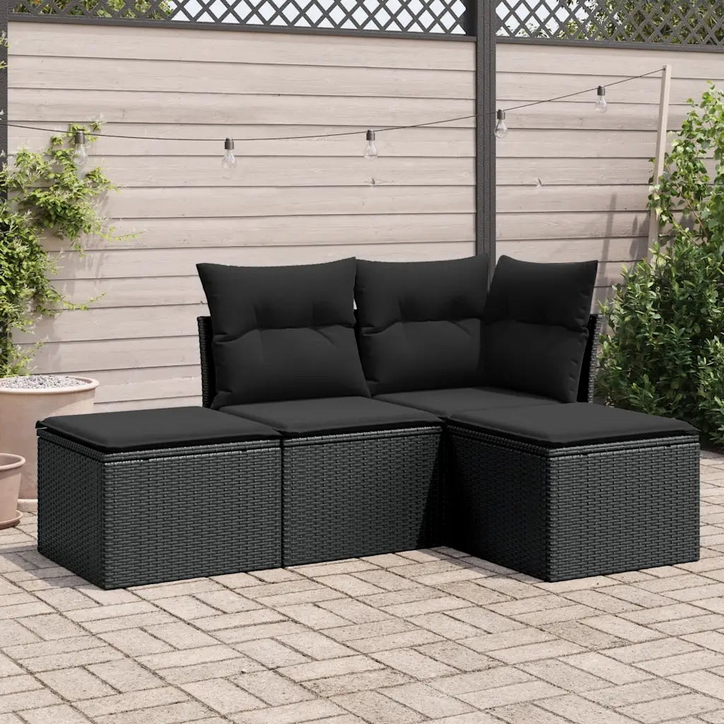 Set Divani da Giardino 4 pz | Set Salotto da Giardino con Cuscini Nero in Polyrattan