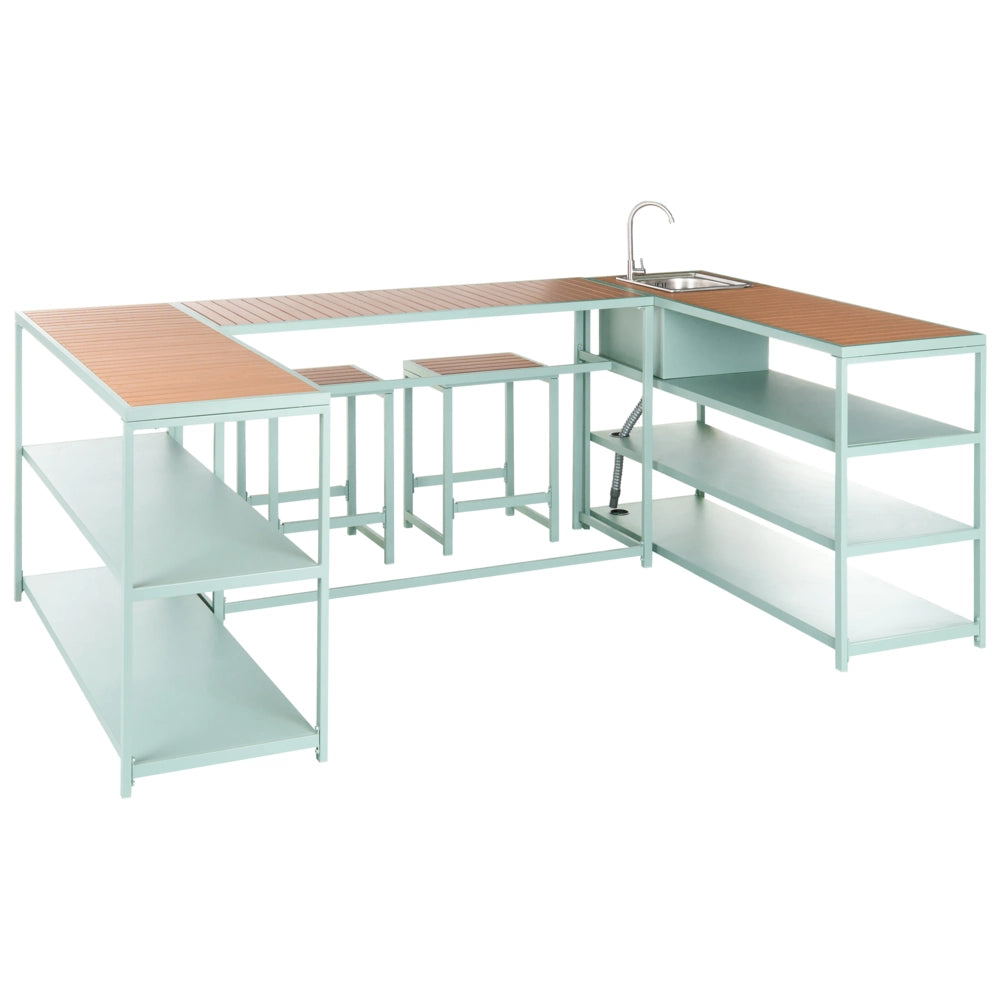 Set cucina da esterno con lavello 6 elementi acciaio verde chiaro con tavolo bar a 2 posti cucina all'aperto stile moderno