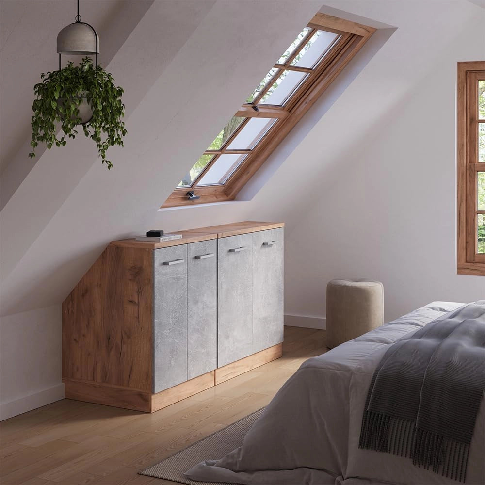 Set di mobili sottotetto Rion, Calcestruzzo, 140 cm Set di 2 carcasse armadio profondità 60 cm, adatto per il salvaspazio sotto tetti spioventi
