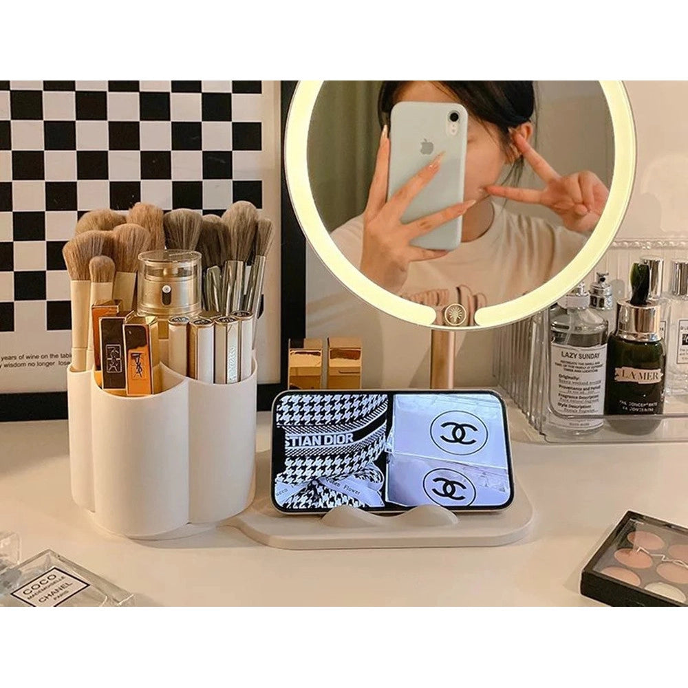 Trade Shop - Specchio Trucco Da Tavolo Con Luce Led Contenitore Portaoggetti Girevole Portacellulare -