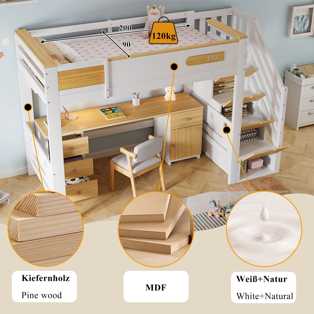 Letto a soppalco singolo 90 × 200 cm con scrivania, cassetti, ripiani e scala contenitore, senza materasso, bianco naturale