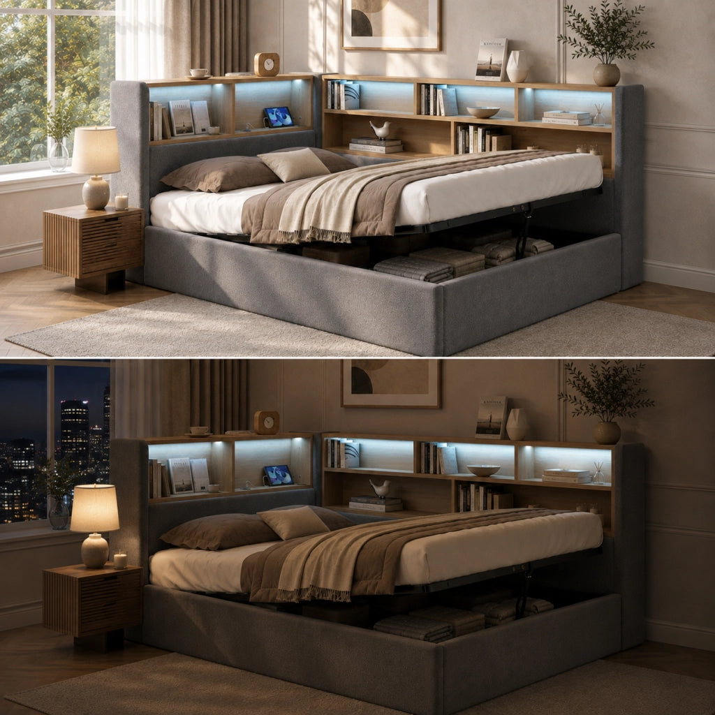 Letto contenitore con sollevamento idraulico in velluto grigio con LED; porte USB e Type-C; rete a doghe