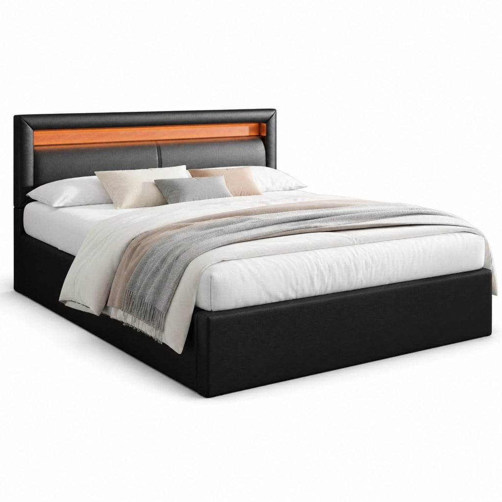 Letto imbottito con contenitore e LED 140x190 cm; testiera 80 cm; rete a doghe inclusa; PU nero