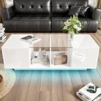 Tavolino da caffè con illuminazione LED, piano del tavolo lucido, ampio spazio di conservazione, 120x50x38,5 cm, Bianco