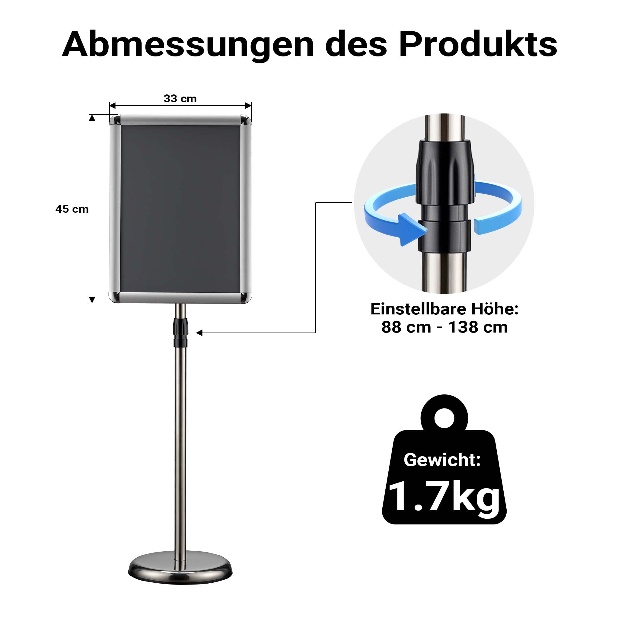 Espositore per poster, pubblicità, menù in A3, altezza regolabile 88-138 cm, supporto per presentazioni, stand, piedistallo in alluminio e acciaio
