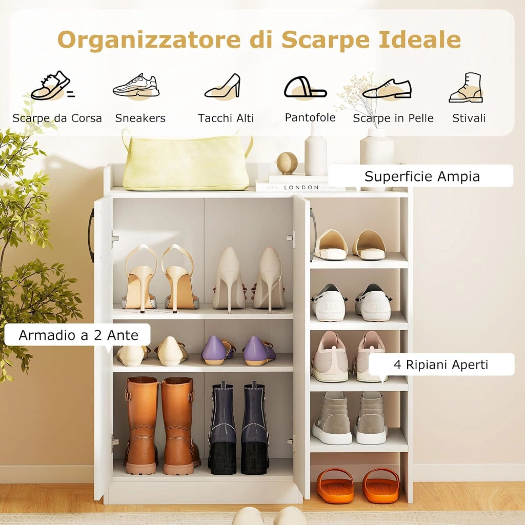 Armadio Porta Scarpe, Scarpiera con Ripiani Regolabili a 3 Posizioni, Mobiletto Multifunzionale a 2 Ante con 5 Scomparti Aperti, per Ingresso, Corridoio, Soggiorno, 83 x 31 x 91 cm (Bianco)
