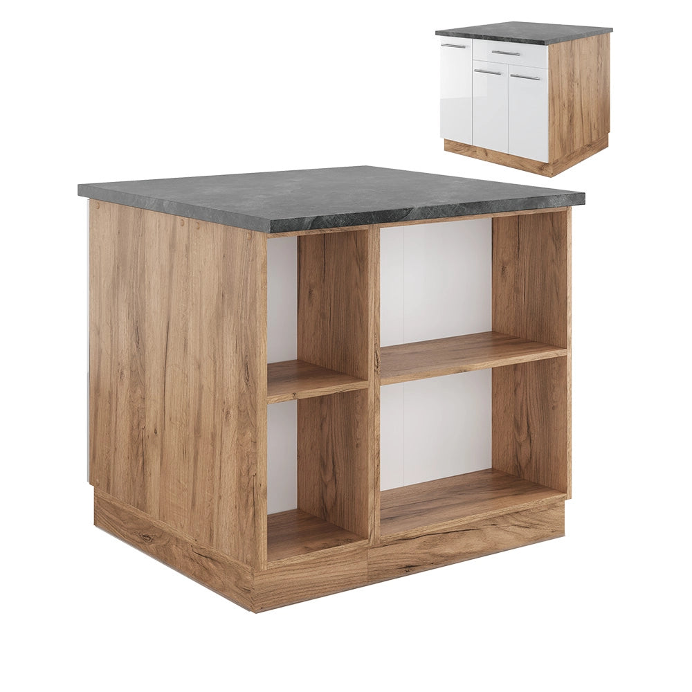 Isola cucina Fame-Line Bianco lucido/Rovere dorato 90 cm con cassetto, senza piano di lavoro Vicco