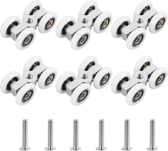 Set di ruote per battente di vetro da 6 - Ruote silenziose - Avvitamento M6 - Anello di protezione - Diametro 20 mm - Adatto per battenti di vetro - Ruote a rotolamento