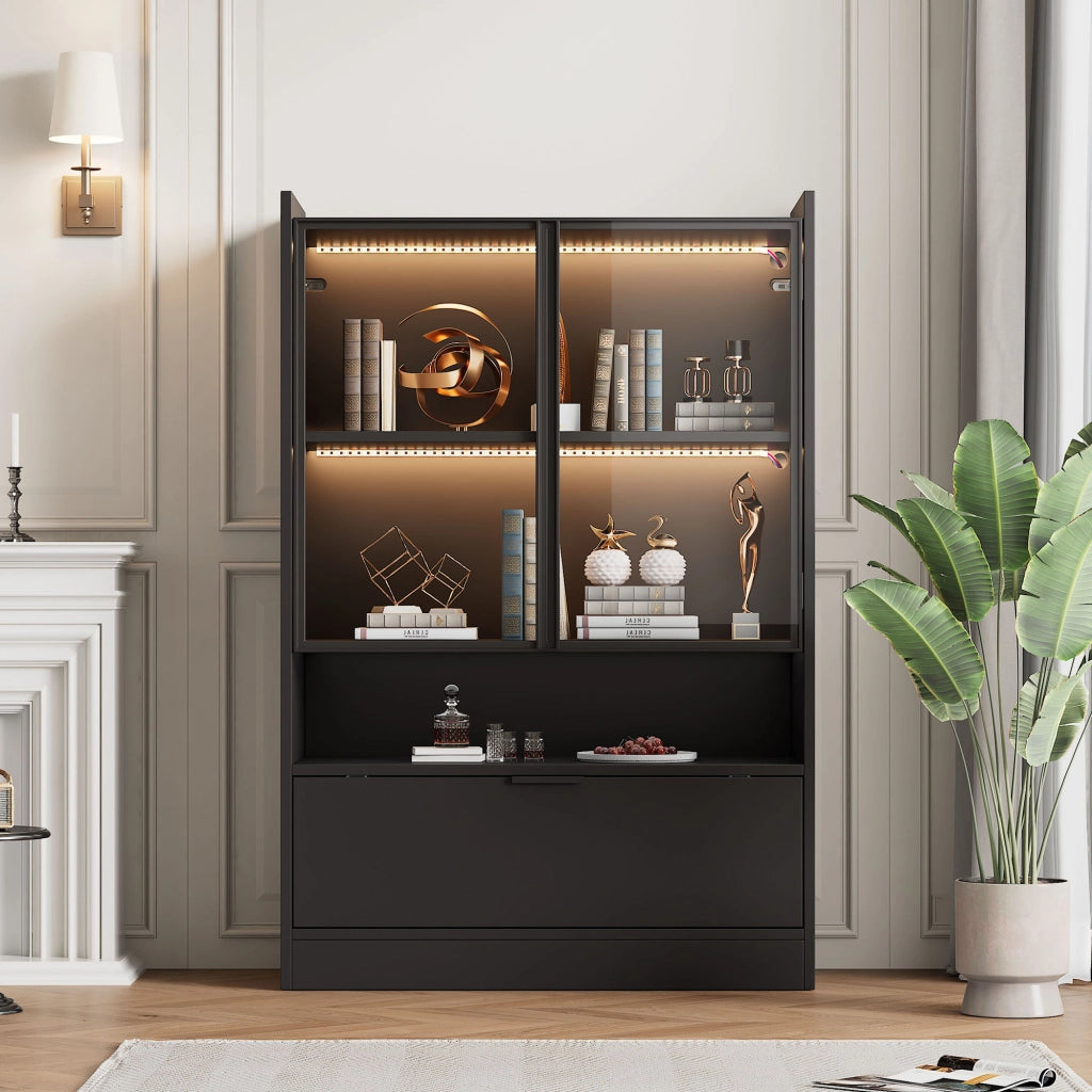 Vetrina con LED e ante in vetro temperato, vano ribaltabile, per soggiorno, in truciolare, nero, 120 × 80 × 35 cm