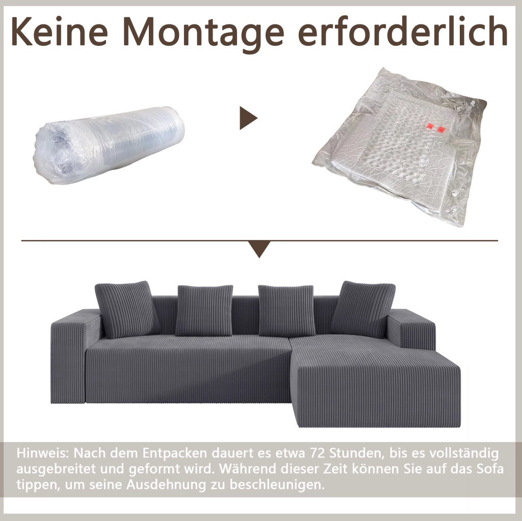 Divano modulare 3 posti con chaise longue in velluto a coste grigio; 261x146x65 cm