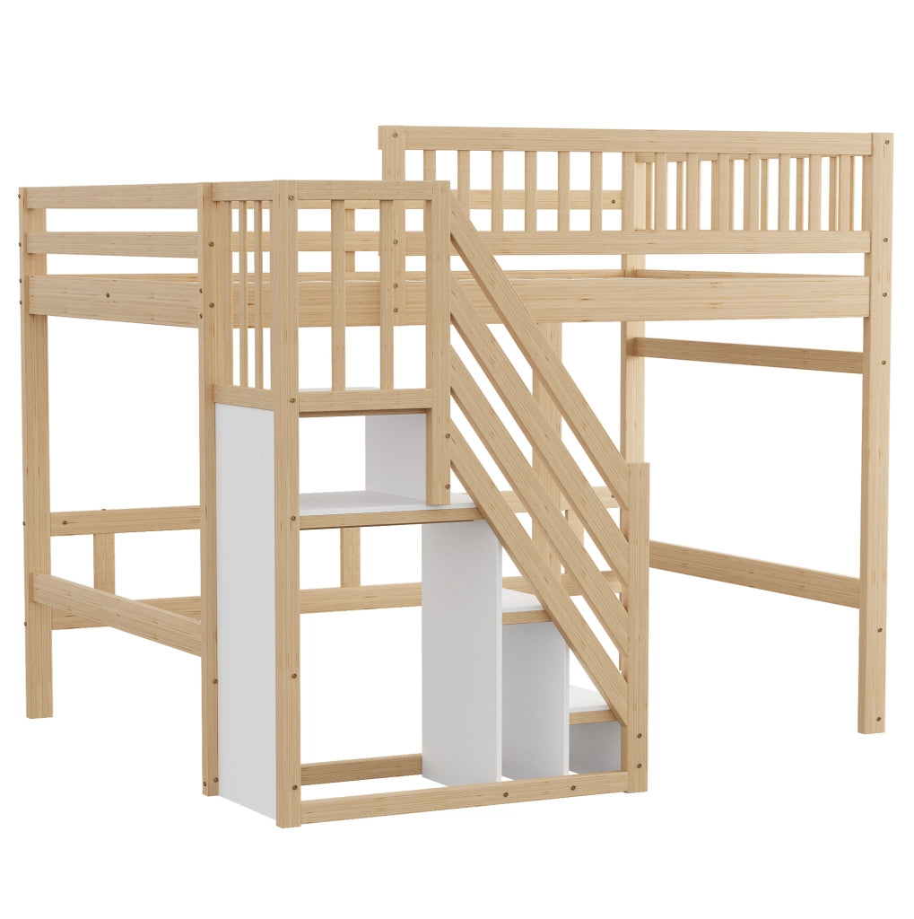 Letto 140x200 cm con scala contenitore e protezione alta in legno colore naturale