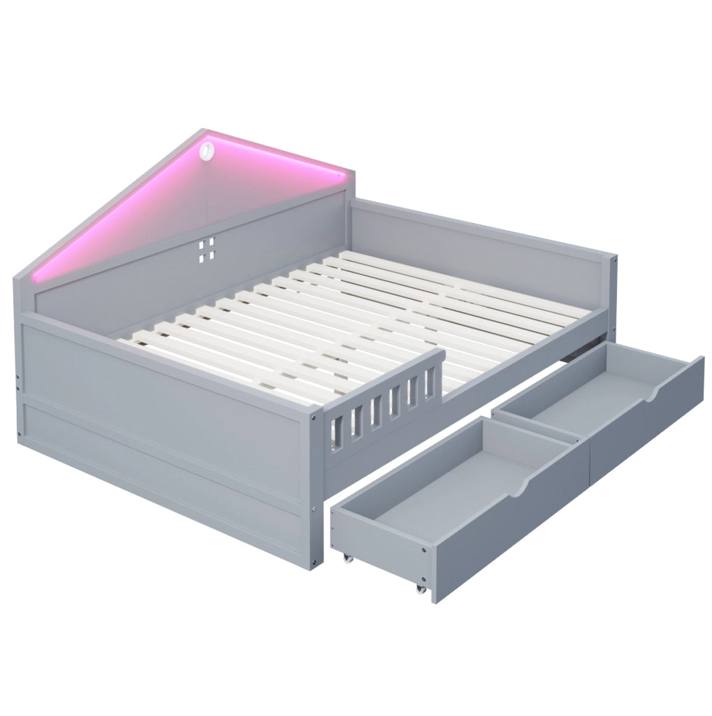 Letto ULEVR 140x200 cm con 2 cassetti e illuminazione LED controllabile da smartphone, grigio