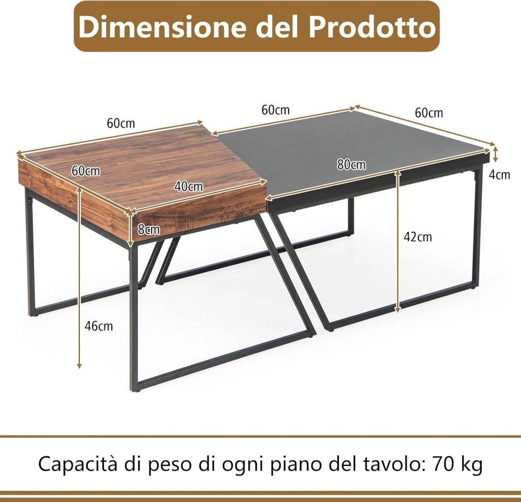 Tavolino Salotto con Gambe in Metallo Verniciato a Polvere, Tavolini da Divano Moderni e Impilabili, Tavolini Bassi da Divano per Soggiorno e Ufficio, Nero e Marrone