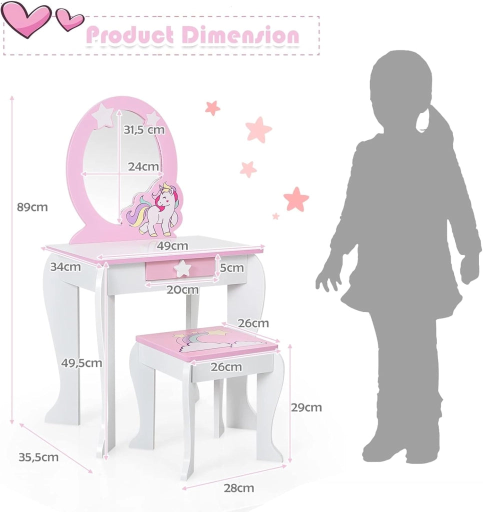 Set di Specchiera e Sgabello per Bambini, Tavolo da Trucco Giocattolo in Legno con Cassetto, Ideale Regalo per Ragazze di 3-7 Anni, con Portata di 15kg, 49x35,5x89cm (Bianco)