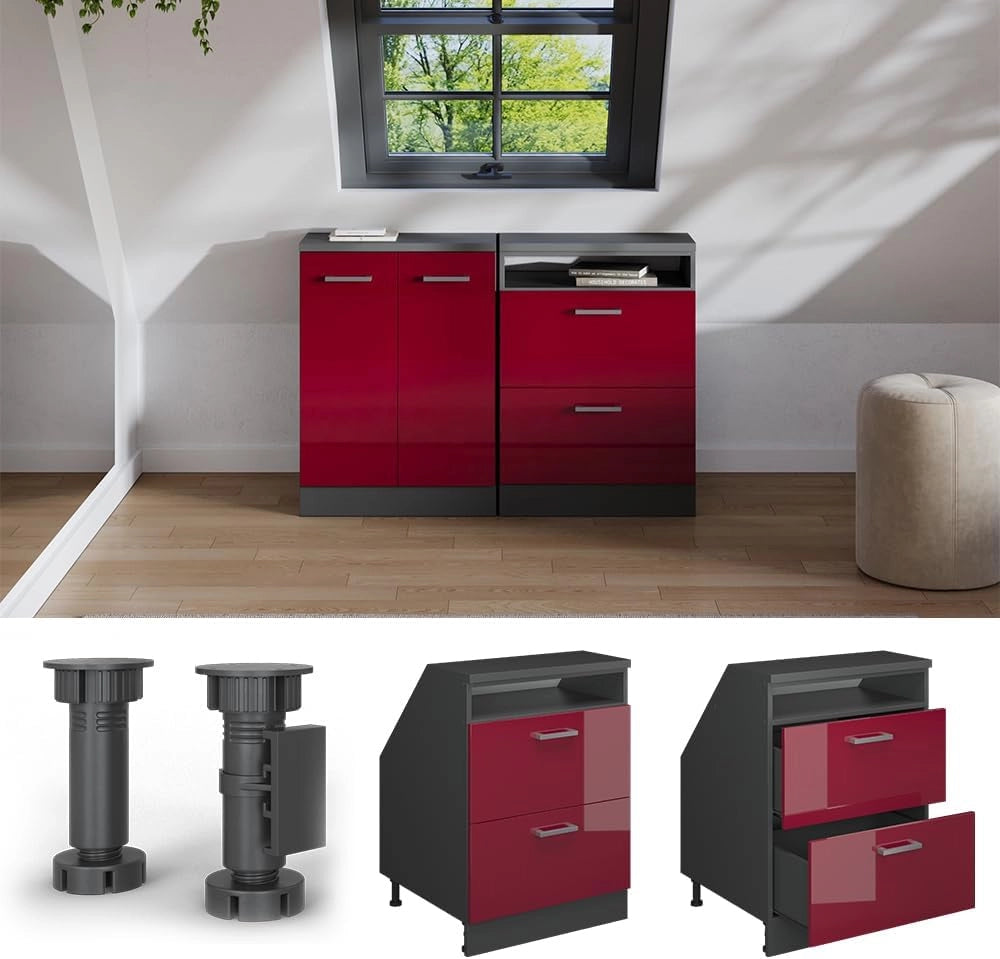 Mobile sottotetto Rion, Rosso lucido, 60 x 81.6 cm con 2 cassetti, carcassa 60 cm profondità, adatto per il salvaspazio sotto tetti spioventi