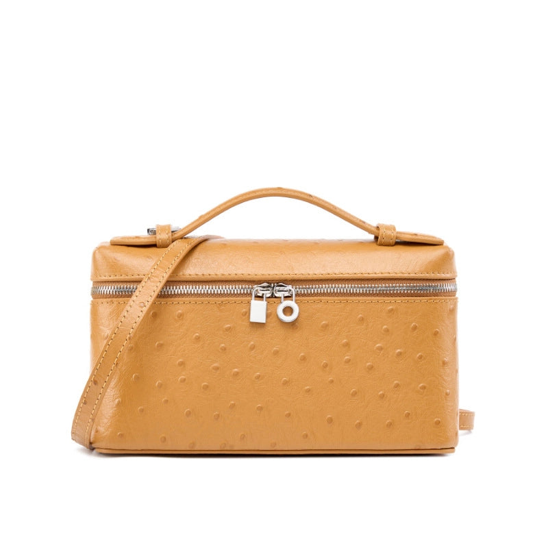 Borsa per il trucco da donna in vera pelle, utilizzabile a tracolla o a spalla, colore giallo.