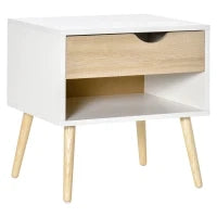 Comodino, Tavolino da Notte, con Cassetto, Design Moderno, Gambe in Legno Massiccio, 50 x 39 x 51 cm, Bianco e Legno Naturale