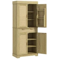 Credenza Cucina Stile Boho con 2 Armadietti, Cassetto e Portaspezie in Legno e Rattan, 76x40x183cm, Rovere