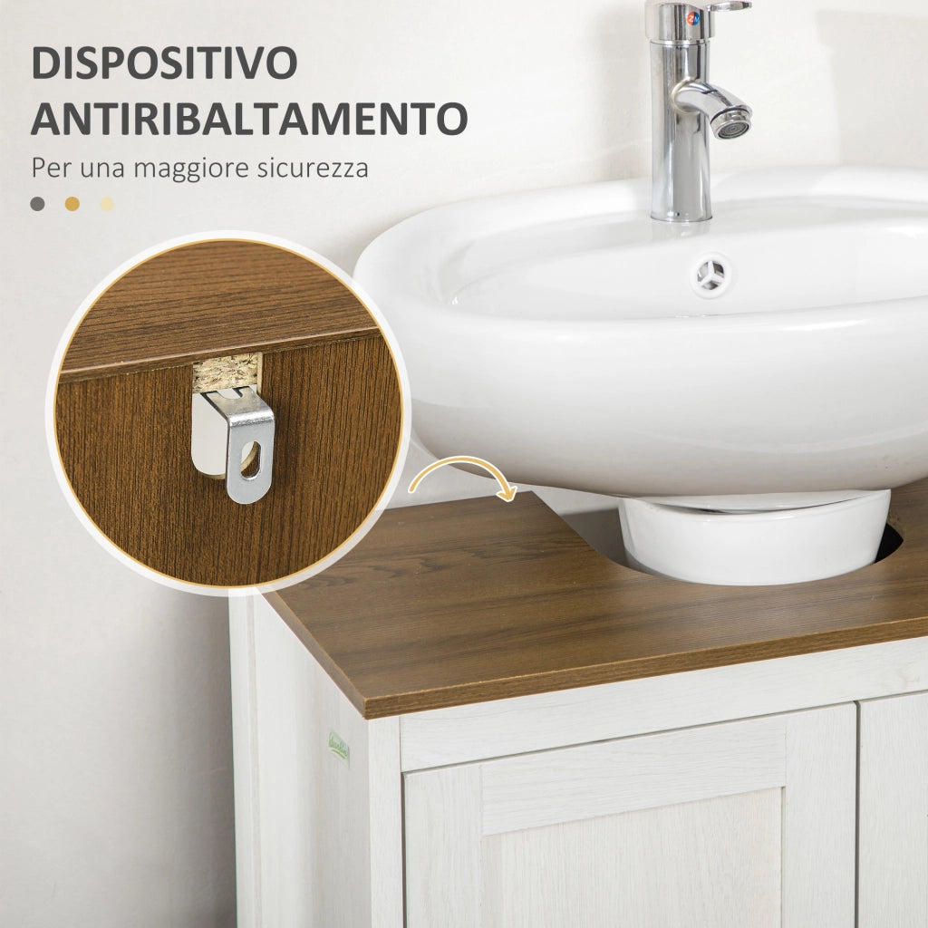Mobile Sotto Lavabo Bagno in Legno con Ripiano Interno Regolabile, 60x30x60 cm, Bianco e color Noce