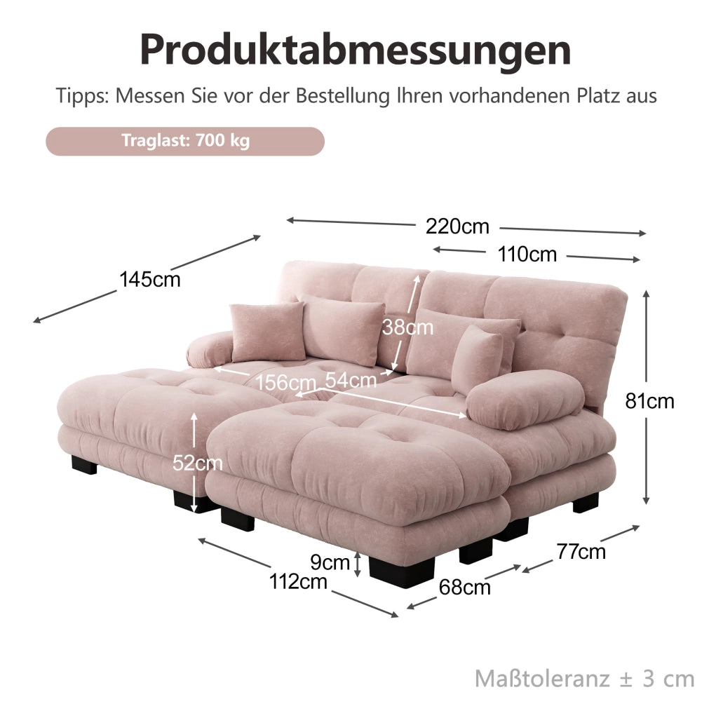 Divano modulare in chenille rosa con ottomans e cuscini