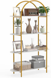 Scaffale a 4 Ripiani con Design ad Arco, Libreria con Ripiani Aperti e Telaio in Metallo, per Camera da Letto, Soggiorno e Ufficio, 95 x 34 x 156 cm (Oro E Bianco)