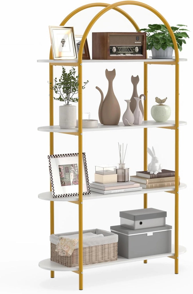 Scaffale a 4 Ripiani con Design ad Arco, Libreria con Ripiani Aperti e Telaio in Metallo, per Camera da Letto, Soggiorno e Ufficio, 95 x 34 x 156 cm (Oro E Bianco)