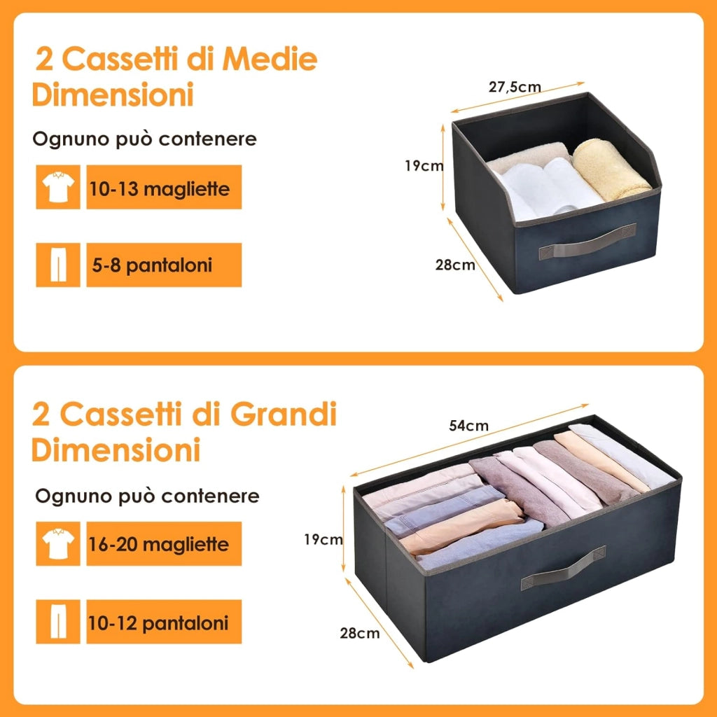 Cassettiera con 4 Cassetti in Tessuto, Mobiletto Contenitore con 2 Ripiani Aperti, Comò per Camera da Letto Armadio Soggiorno e Ingresso, Stile Industriale