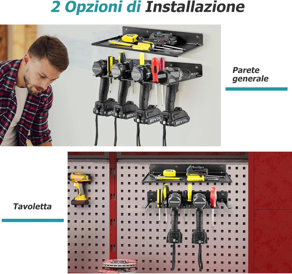 Scaffale per Trapano Elettrico, Supporto a Parete per Trapano e Mensola Sospesa, Pannello Forato Portautensili per Garage, Officina e Magazzino