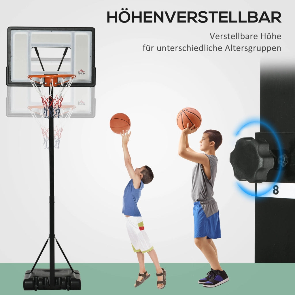Canestro da basket regolabile in altezza (260-310 cm) con ruote e base stabile per giardino e campo sportivo.