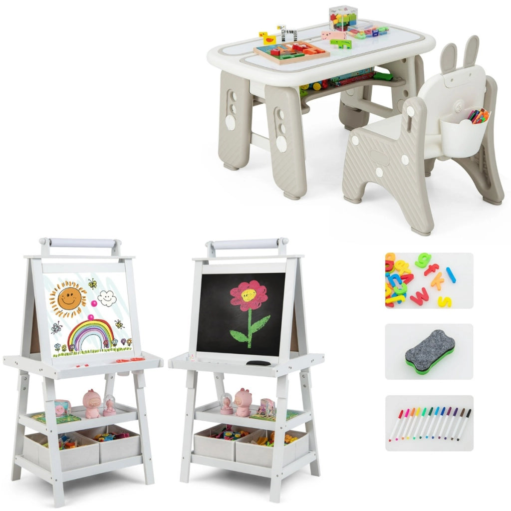 Tavolo e sedia per bambini e cavalletto double face 3 in 1-Tavolino e sedia per imparare e treppiede con lavagna bianca e nera e rotolo di carta