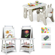 Tavolo e sedia per bambini e cavalletto double face 3 in 1-Tavolino e sedia per imparare e treppiede con lavagna bianca e nera e rotolo di carta