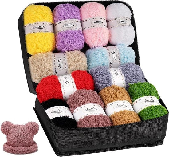 Set di filato di cotone a 12 colori diversi - 600 g (12 x 50 g) per ricamo a maglia - Set di filati per ricamo con borsa portafili - Ricamo e artigianato