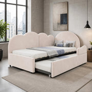 Divano letto angolare estraibile 90x200 cm in velluto beige; con testiera a nuvola