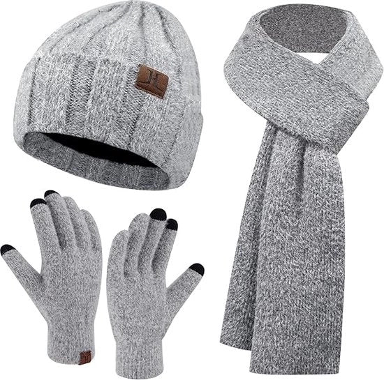 Set invernale caldo 3 pezzi - Grigio - Cappello a tubino, sciarpa lunga, guanti touchscreen - Set a 3 pezzi per adulti - Black Friday 2024 - Regalo di Natale