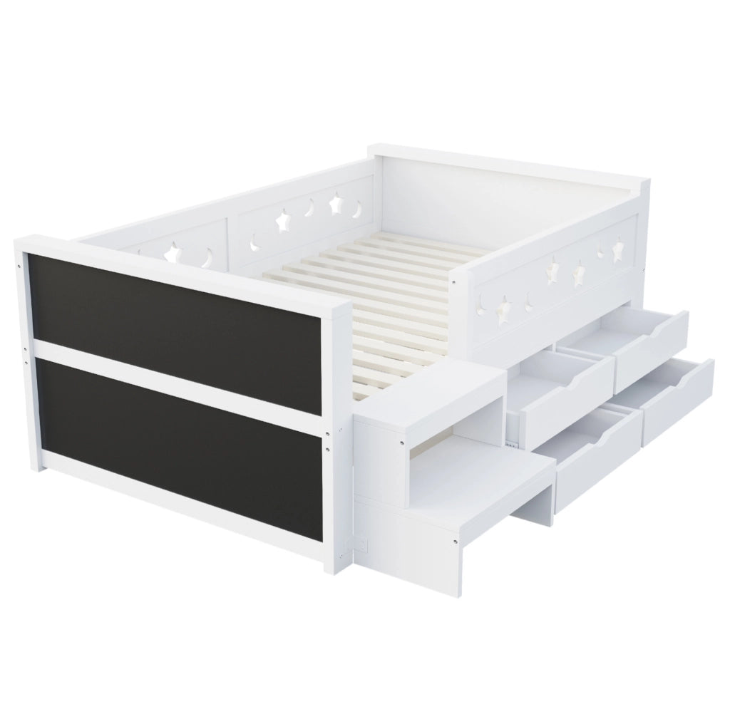 Letto singolo per bambini 90x200 cm con LED; lavagna e 4 cassetti in compensato e MDF; bianco