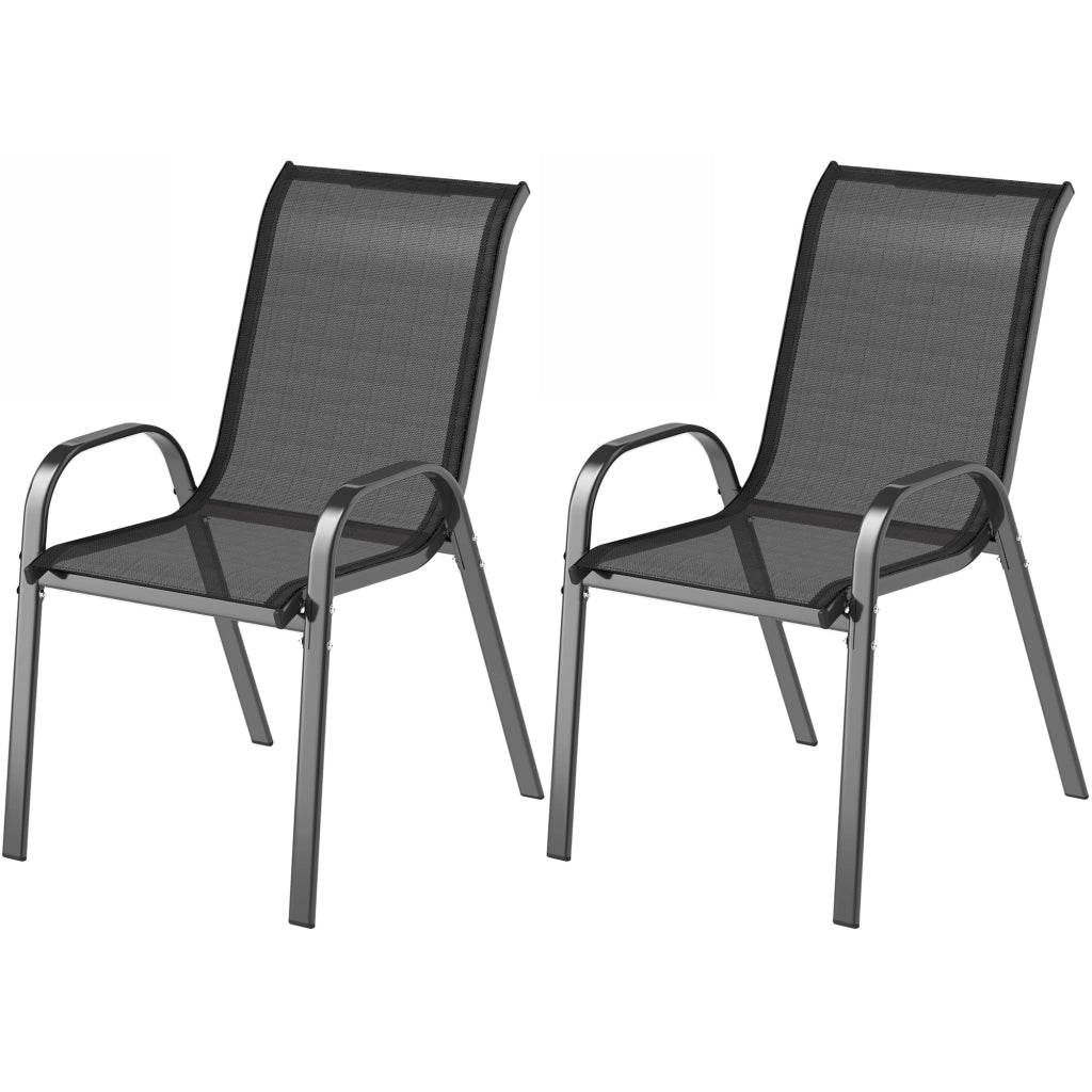 Set 2 Sedie da Giardino Impilabili con Braccioli Curvi, in Acciaio e Tessuto Traspirante, 54x71x93 cm, Nero