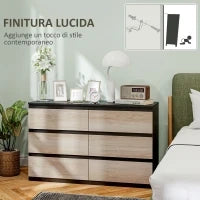 Cassettiera 6 Cassetti per Camera da Letto in Legno con Guide in Metallo, 120x39x75 cm, Nera e color Legno