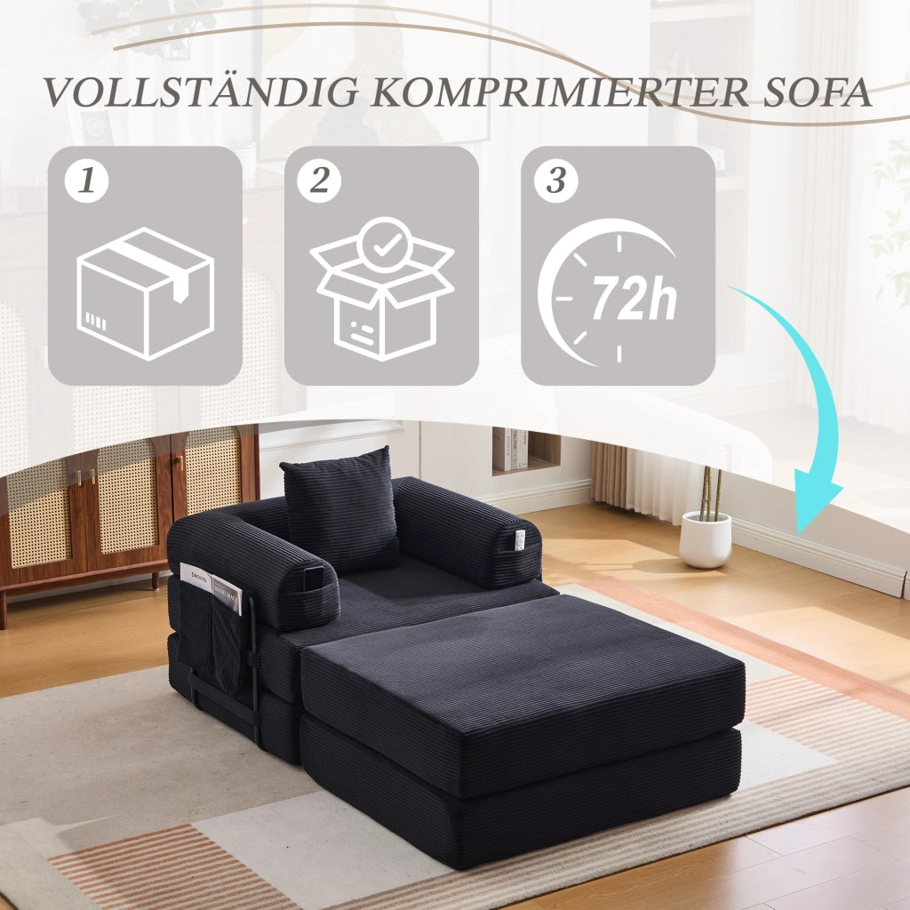 Divano modulare con tasca laterale e cuscino, seduta ergonomica in velluto a coste Nero