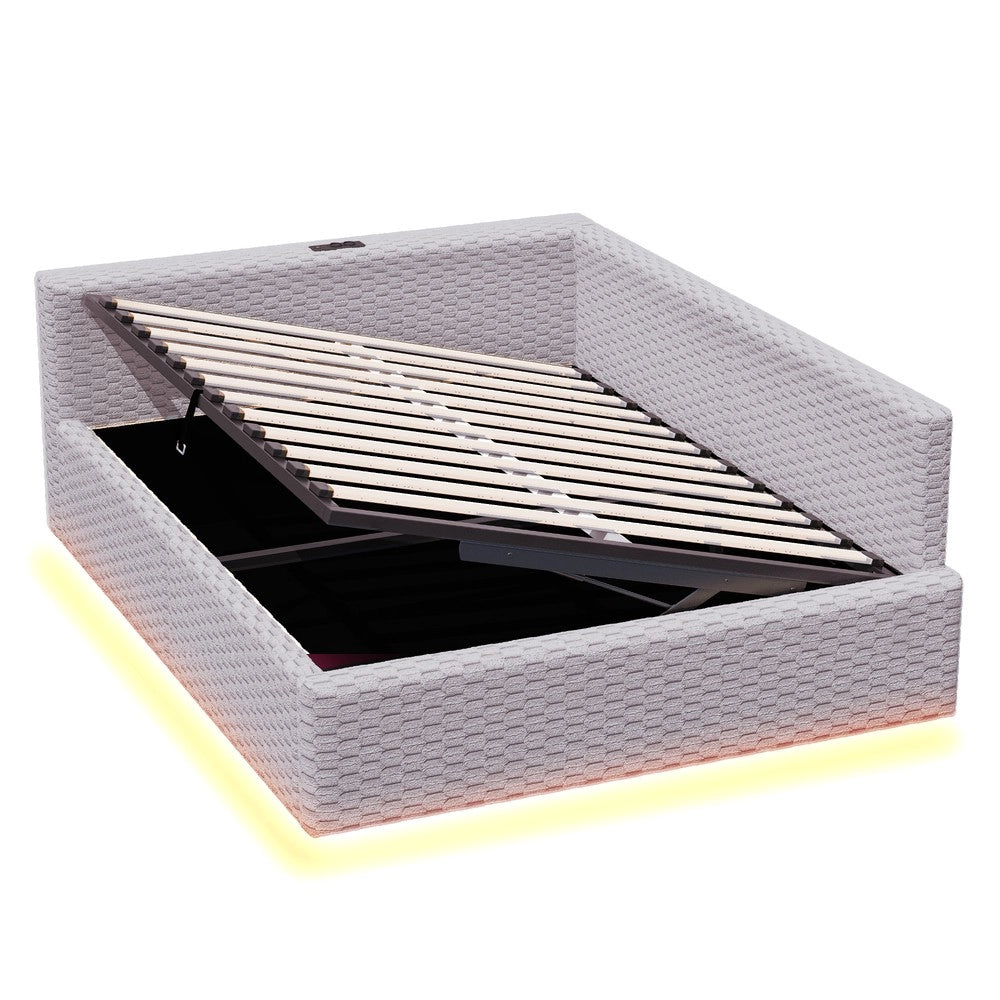 Letto imbottito con LED - Zephmum-140x200cm-Grigio-LED,USB,schienale L