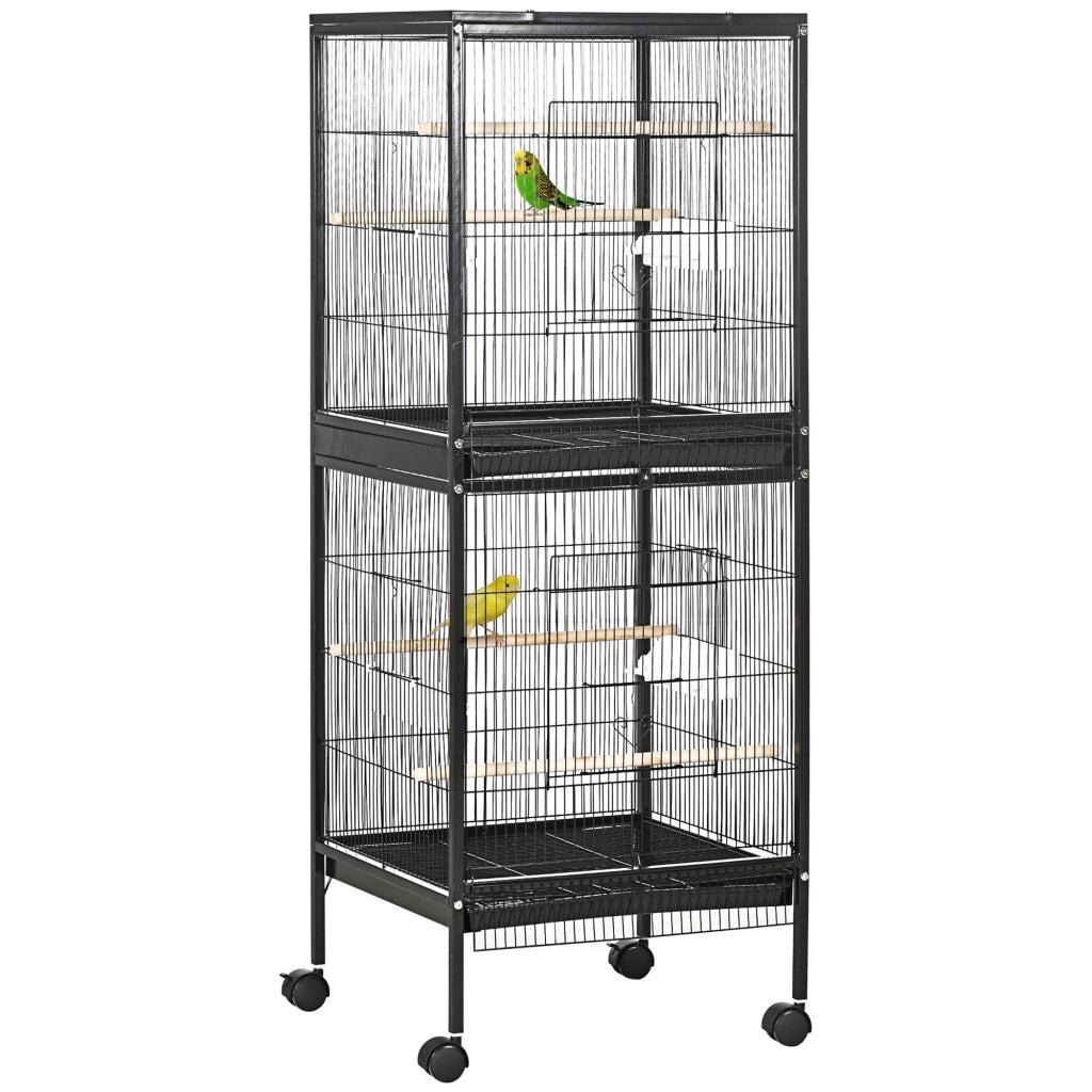 Gabbia Voliera per Uccelli per Interni 51,5x50x140 cm con Ruote e Vassoi Estraibili Nero