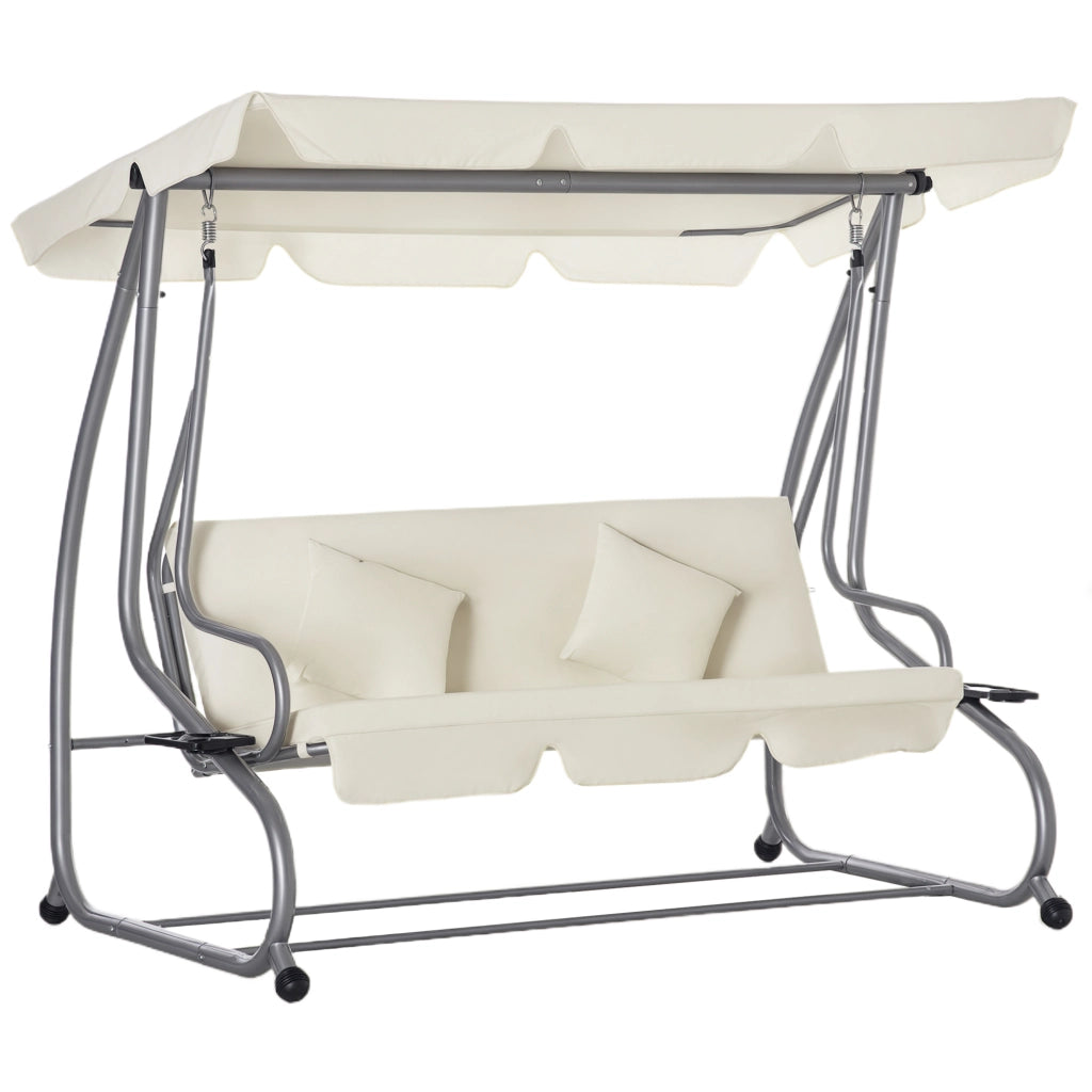 Dondolo Letto da Giardino 3 Posti con Tetto Regolabile e 2 Portabicchieri, 200x120x164 cm, Crema